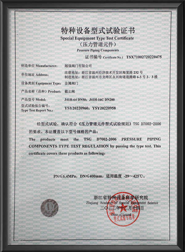 Special equipment type test certificate - globe valves